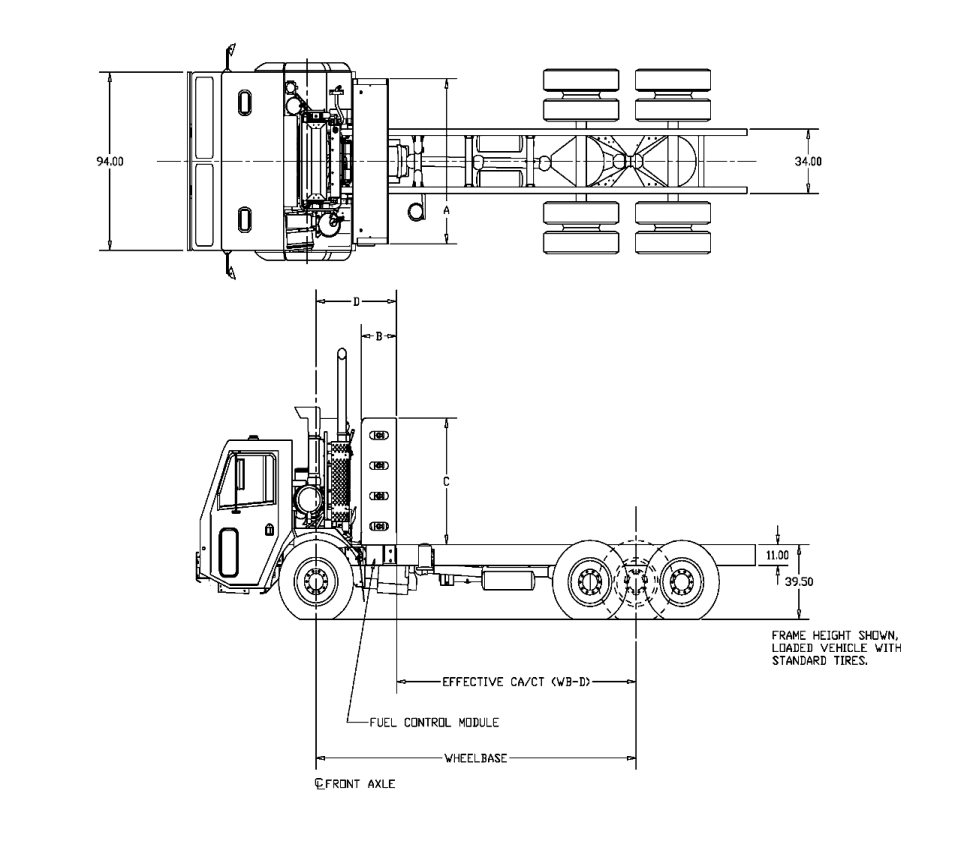 Cross Frame CNG Fuel Cabinet Installation – Raider Chassis Dimensional Drawing (Top and Side Views)